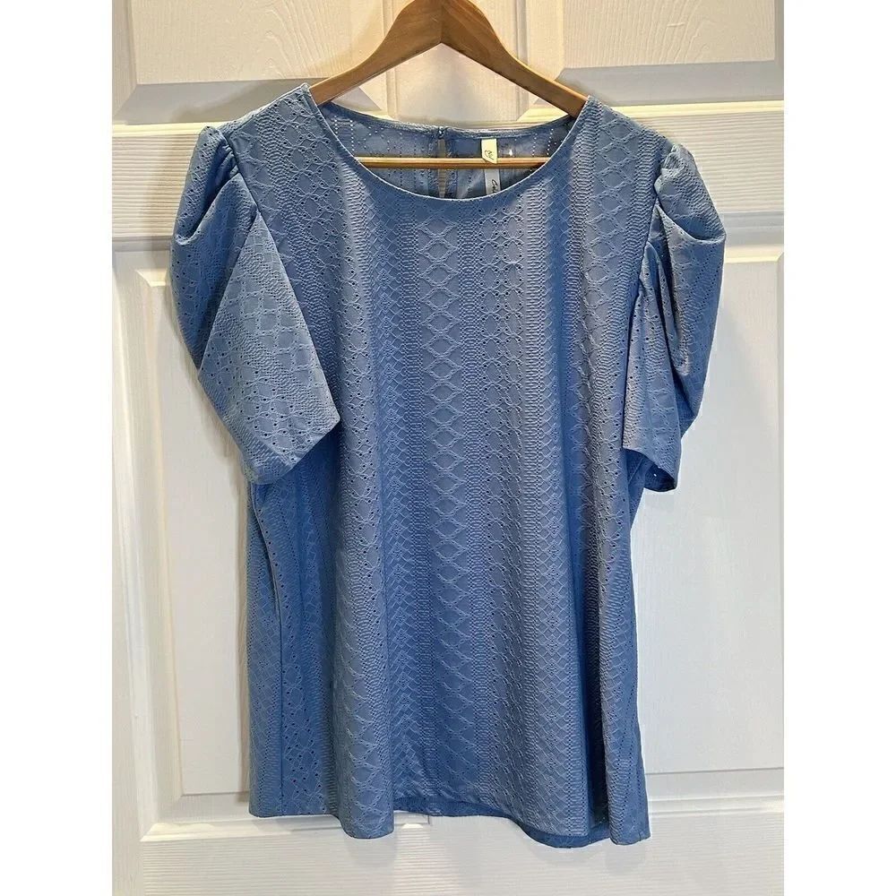 NY Collection Blue Eyelet Women's 1X Short Sleeve Top